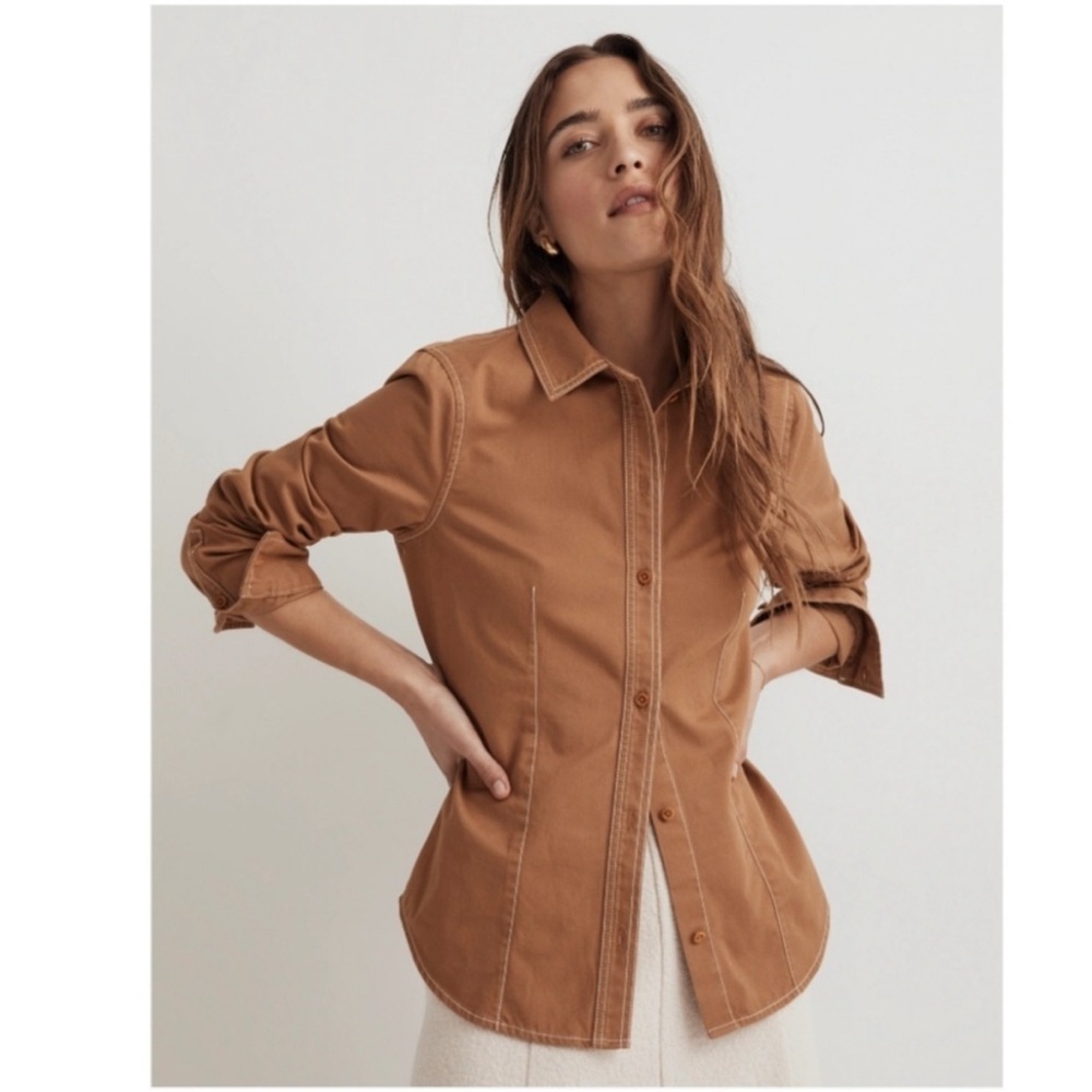 Madewell Tan Button Down Fitted Cotton Long Sleeve Top Size 10